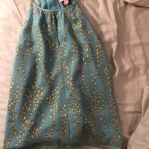 Lilly Pulitzer Blue Gold Chiffon Halter Tank Top